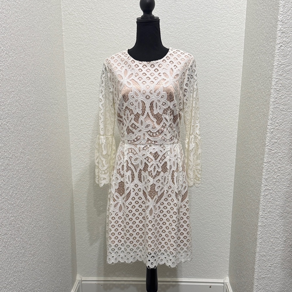 Cream Lace over Gold Satin Long Sleeve Dress